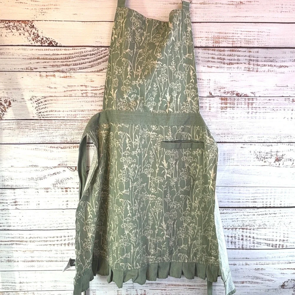 Apron Green Floral OS Cotton/Poly Canvas Cottagecore Ruffle Sage Mint Farmhouse